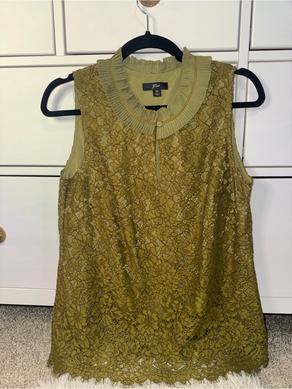 J. Crew — Sleeveless Ruffle Keyhole Top in Moss Green — S Tall